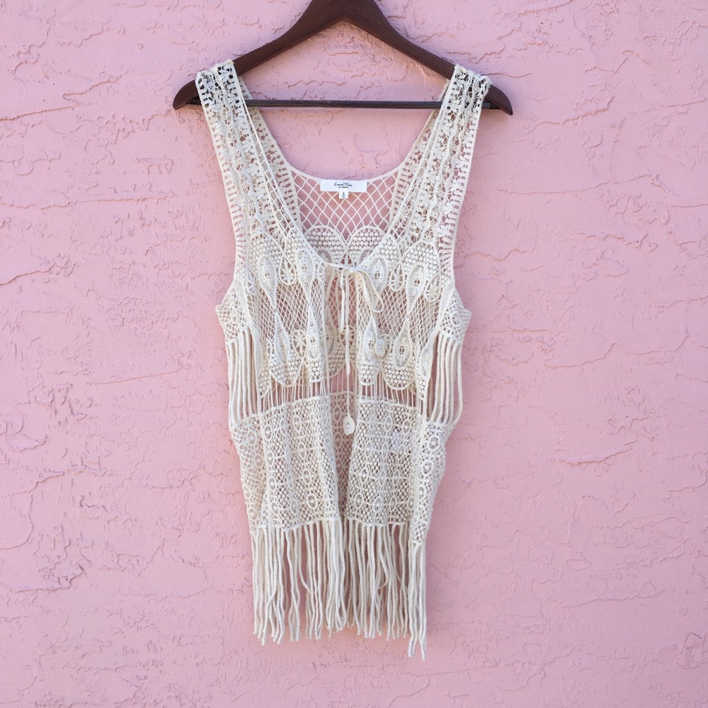 Love Tree Los Angeles Crochet Tie Front Vest Fringe Size Small - Picture 3 of 9